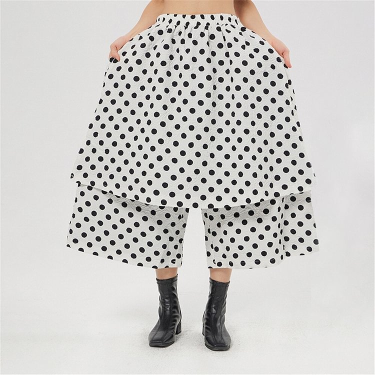 Casual Elastic Waist Dot Printed Patchwork Pockets Wide Leg Pants