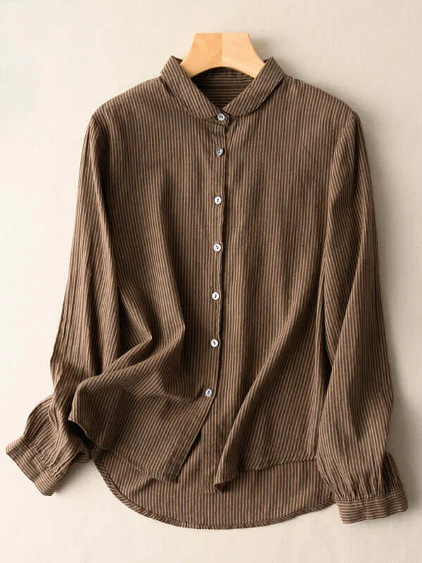 100% Natural Fabric Striped Long-Sleeve Casual Loose Shirt