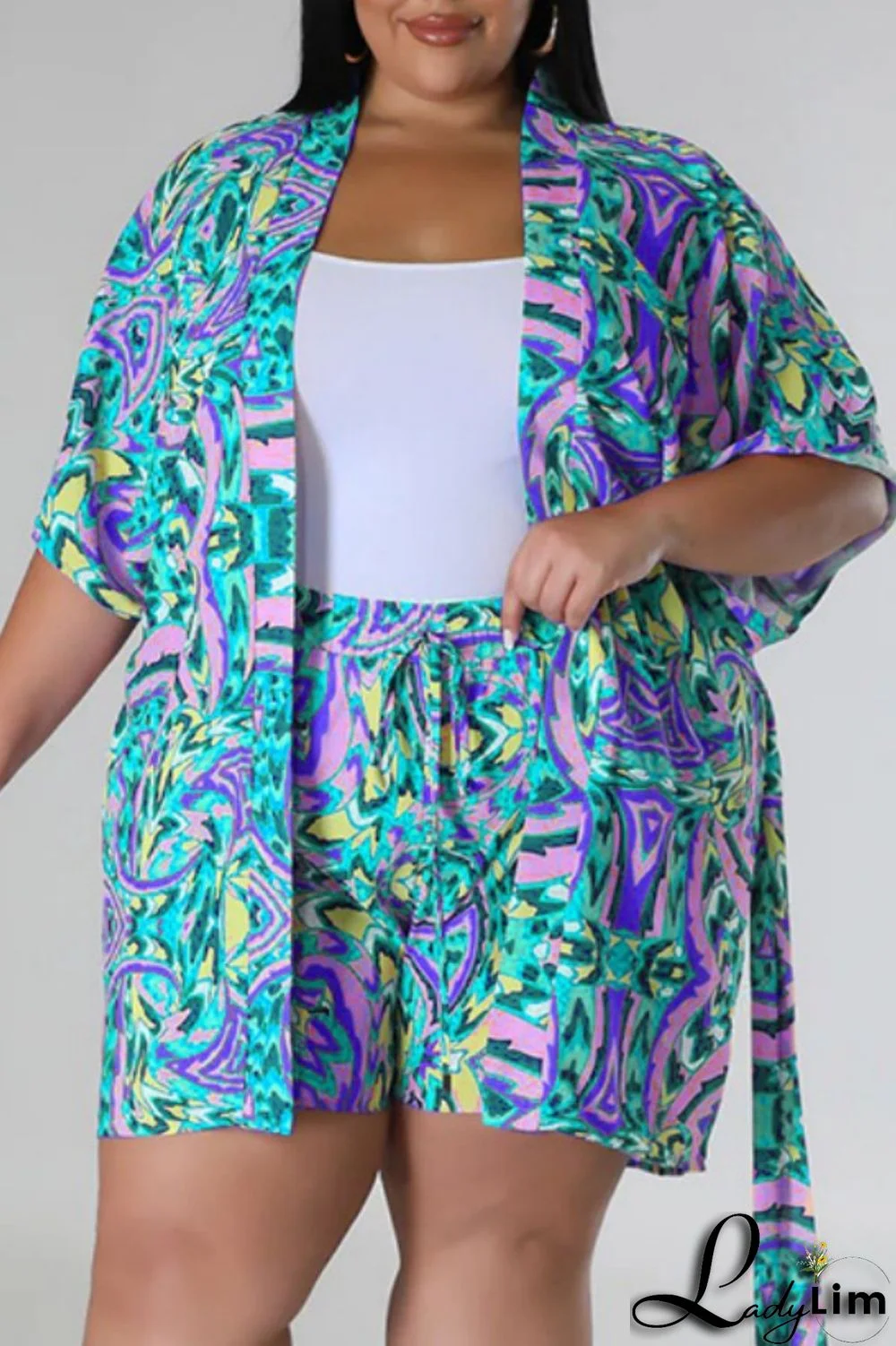 Green Casual Print Cardigan V Neck Plus Size Two Pieces
