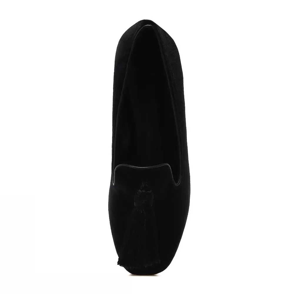 YDN Black Velvet Round Toe Tassels Flat Loafer Shoes Women
