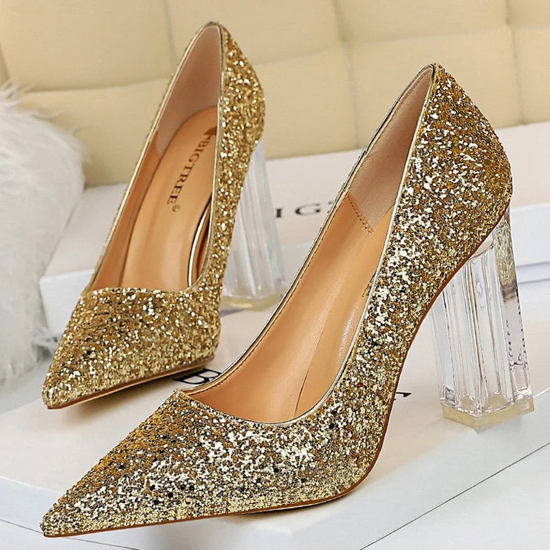 BIGTREE Shoes Transparent Heels Women Pumps Sequins Wedding Shoes Square Heels Women Shoes Crystal Heel Sexy Heeled Shoes 2021