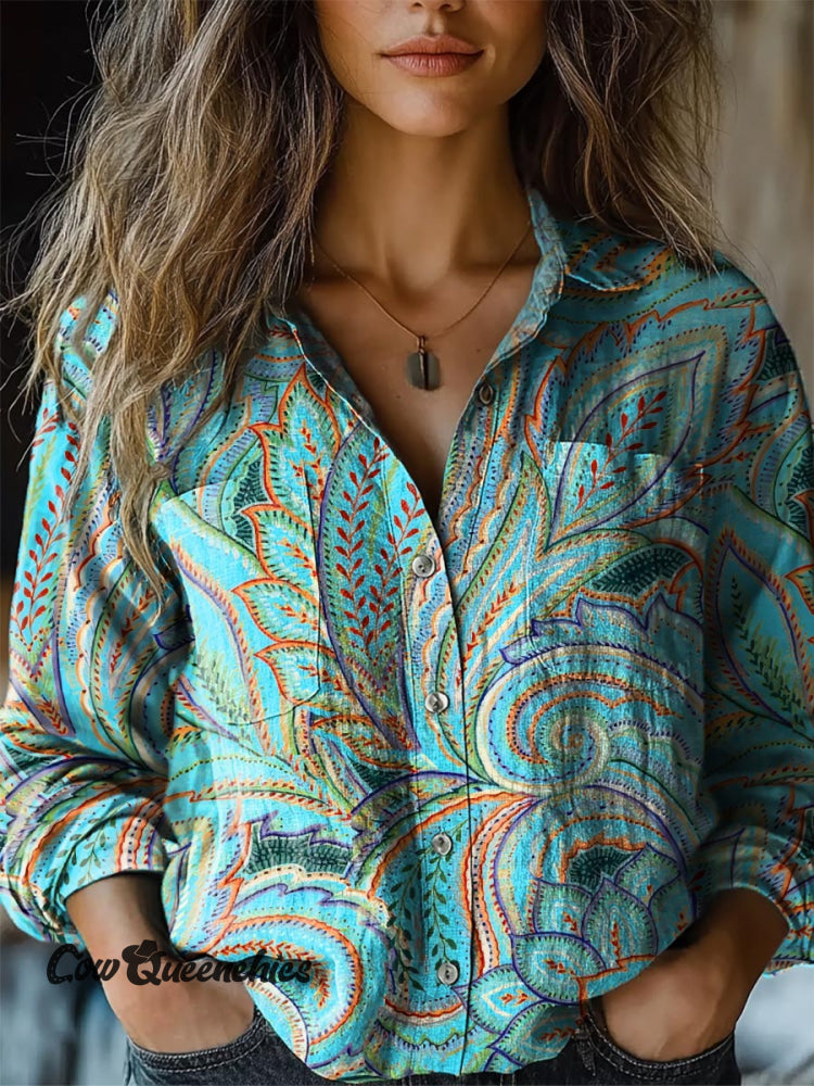 Women’s Turquoise Bohemian Floral Print Casual Shirt Blue / S
