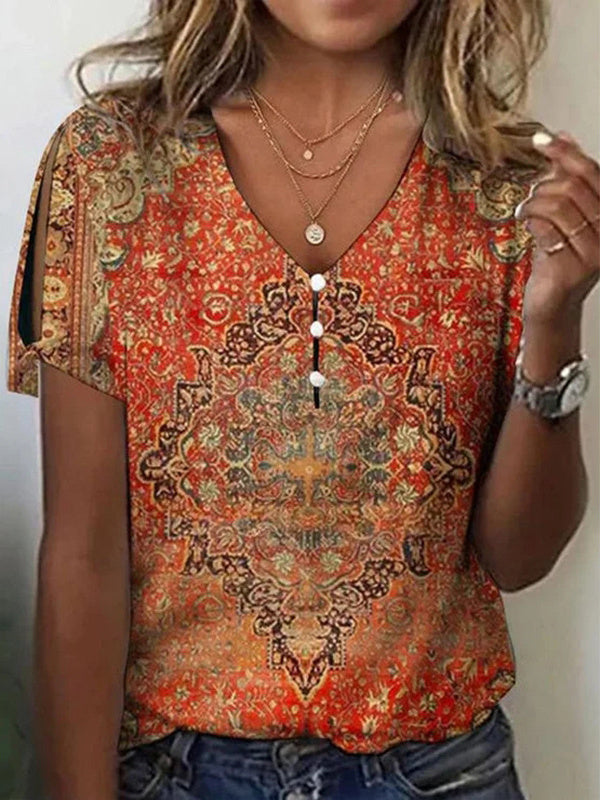 Women's Graphic Printed V-Neck Short Sleeved Top