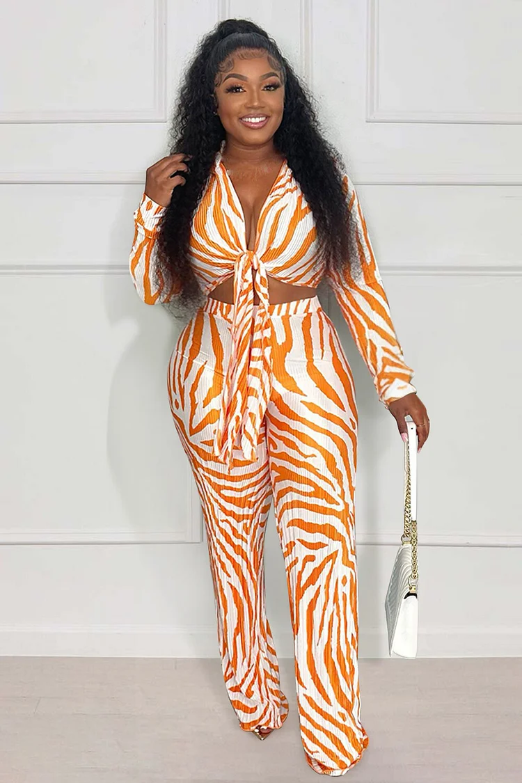 Zebra Print Long Sleeve Tie Up Crop Blouse High Waist Pants 2pcs Set-Orange