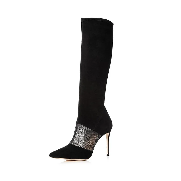 Black Lace See-Through Pointed Toe High Heel Boots for Women |FSJ Shoes