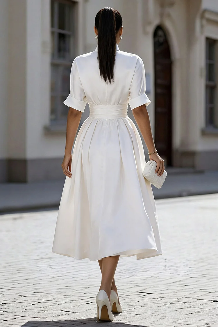 Mock Neck Half Sleeve Lace Up A-Line Party Maxi Dresses-White [Pre Order]