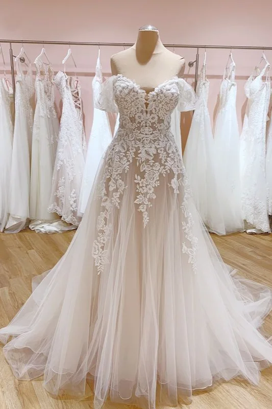 Off-the-Shoulder Train A-Line Wedding Dress With Sweetheart Backless Tulle
