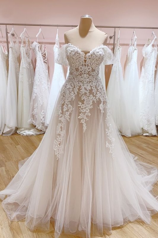 Stunning Off-the-Shoulder A-Line Train Wedding Dress With Sweetheart Backless Tulle | Ballbellas Ballbellas