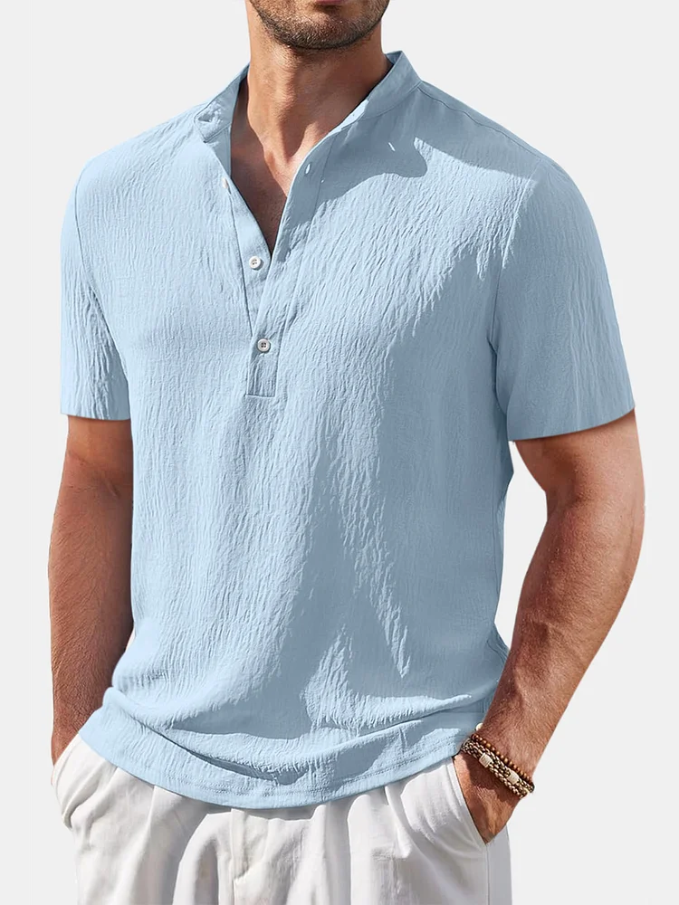 Men's Casual Solid Color Comfortable Cotton And Linen Stand Collar Short-sleeved Shirt