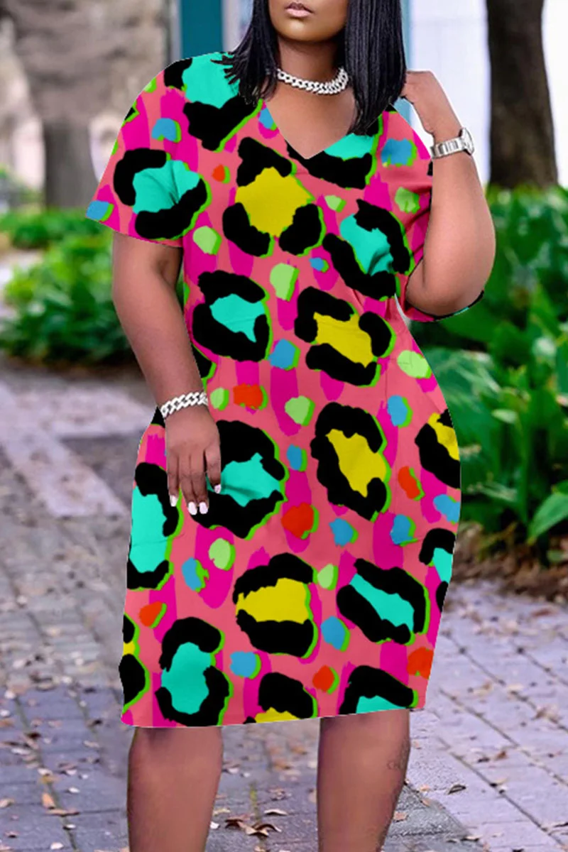 Rose Red Casual Print Patchwork V Neck Printed Dress Dresses
