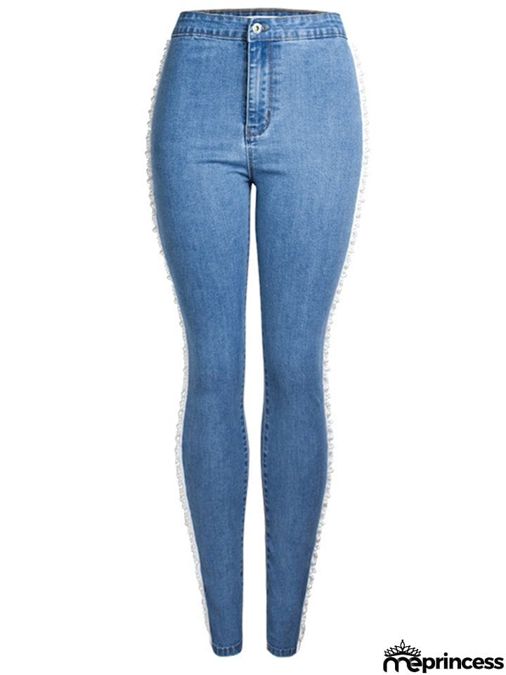 Spring Autumn Pretty White Pearl Woven Tape Thin Denim Jeans for Women