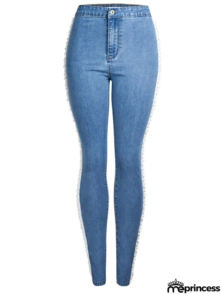 Spring Autumn Pretty White Pearl Woven Tape Thin Denim Jeans for Women