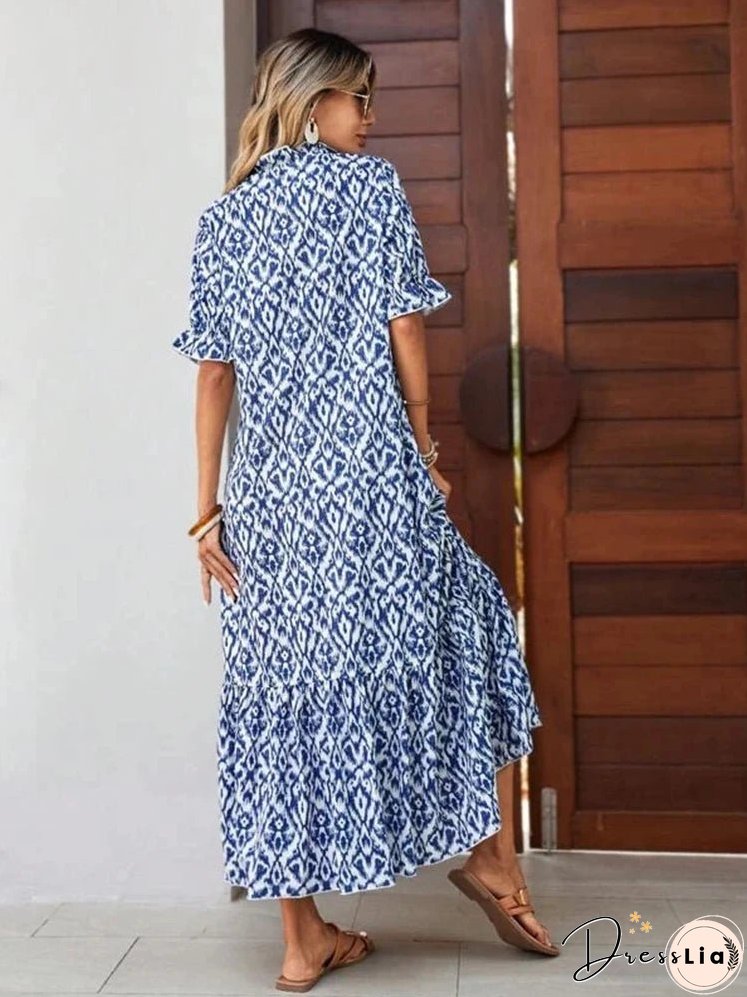 Spring Summer Boho Women Maxi Dress Casual Short Sleeve A-eline Flounce Beach Woman