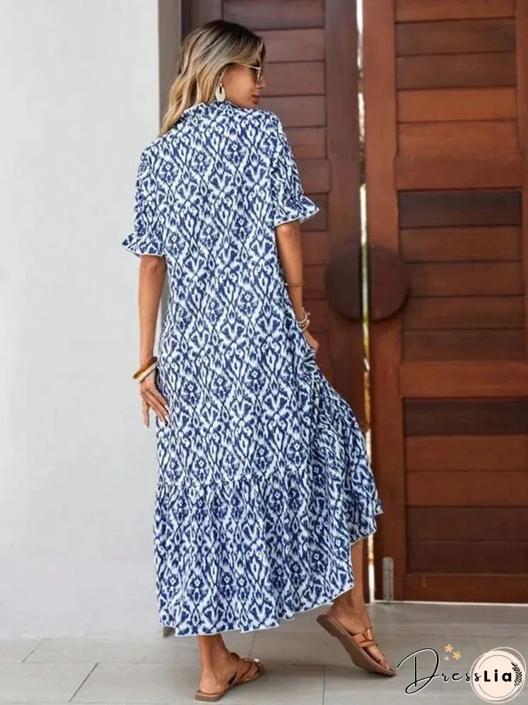 Spring Summer Boho Women Maxi Dress Casual Short Sleeve A-eline Flounce Beach Woman