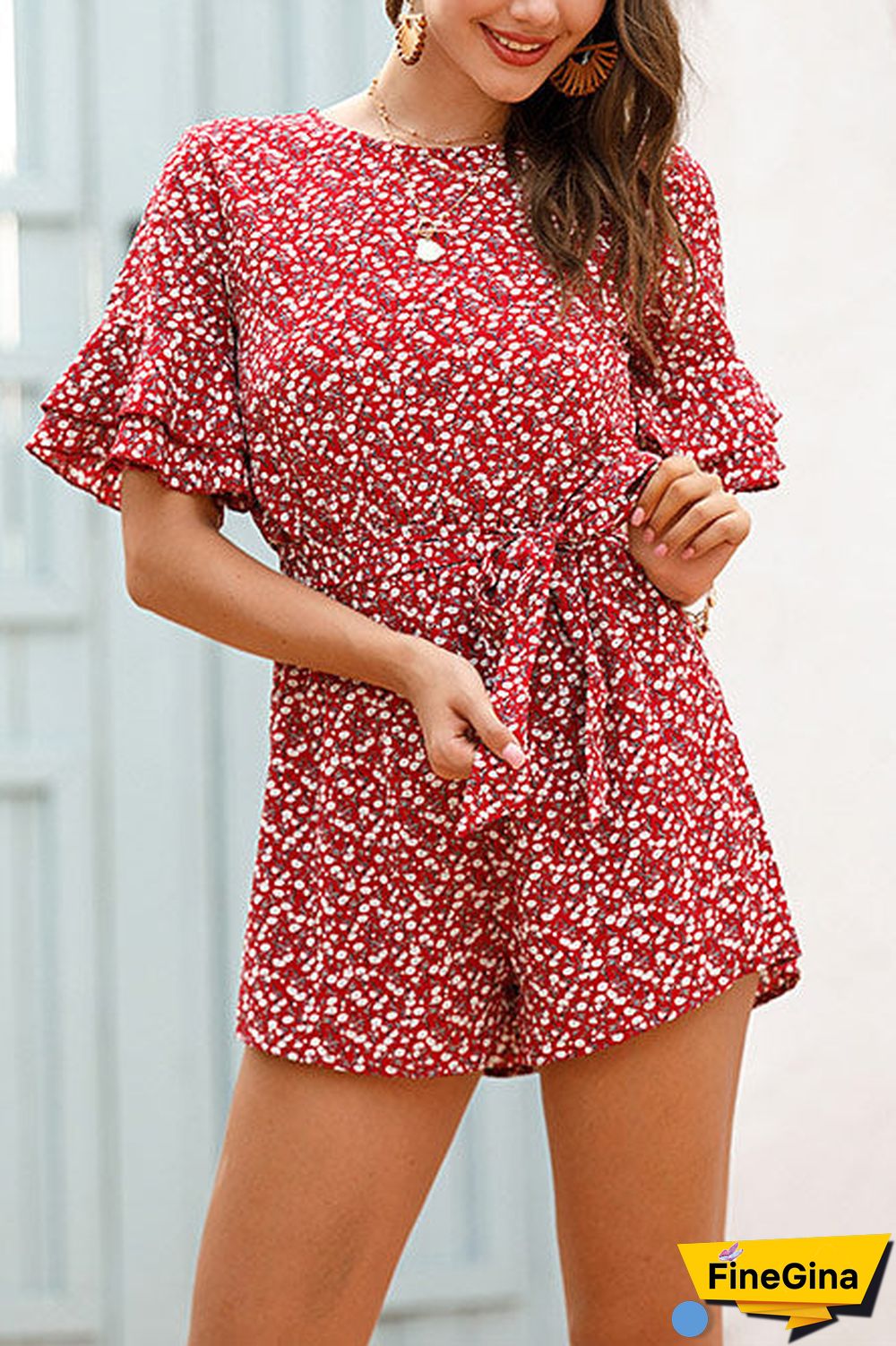 Ruffle Sleeve Cutout Back Floral Romper