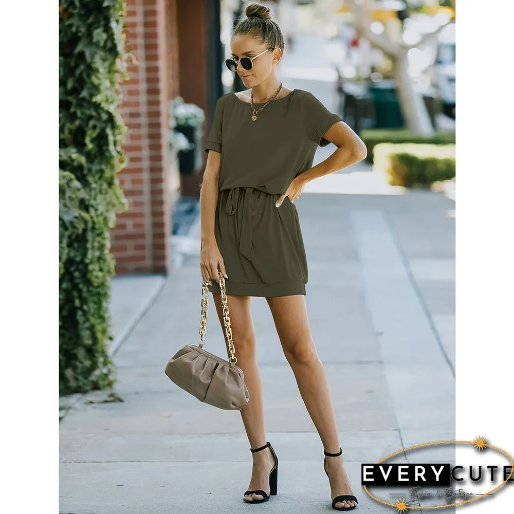 Army Green Solid Tie Waist Short Sleeve Mini Dress