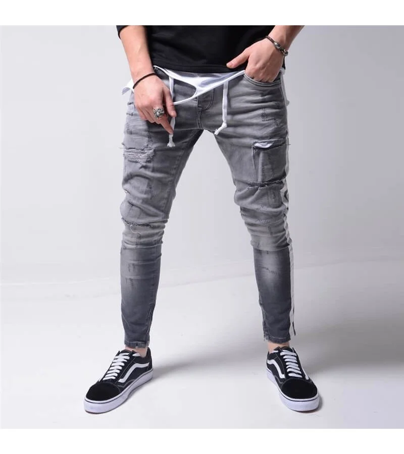 Men Fashion Color Block Stripe Ripped Jeans S-3XL