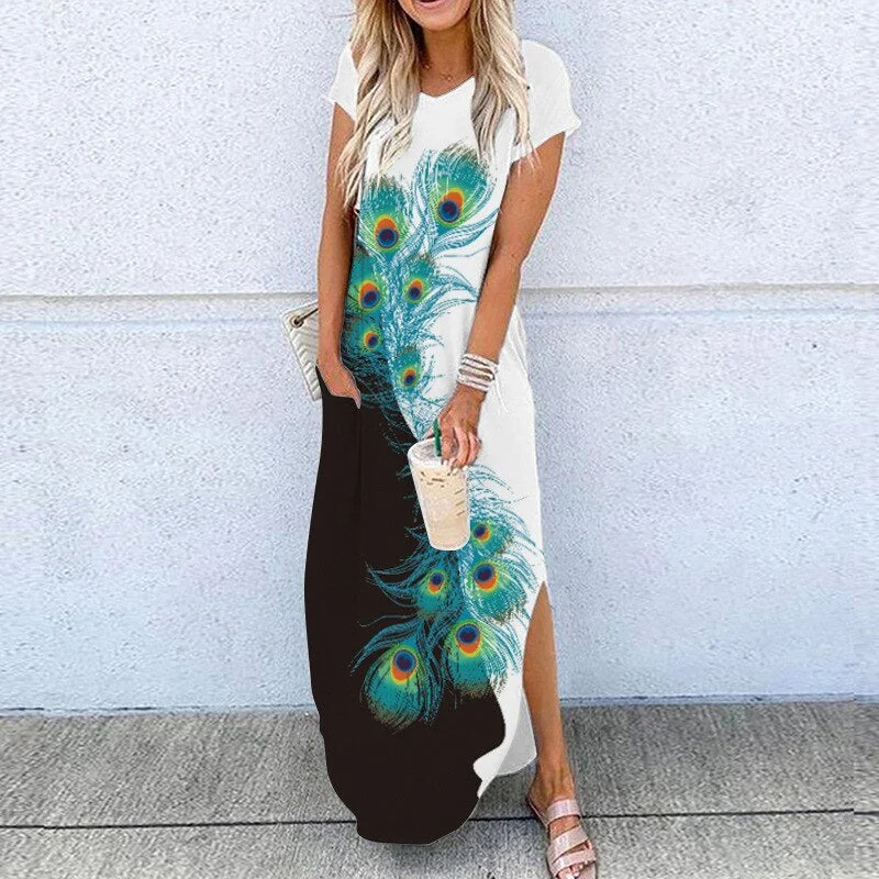 2020 Summer New Fashion Striped Strapless Dress Loose Round Neck Short Sleeve Long Dress Casual Elegant Moon Star Printing Dress