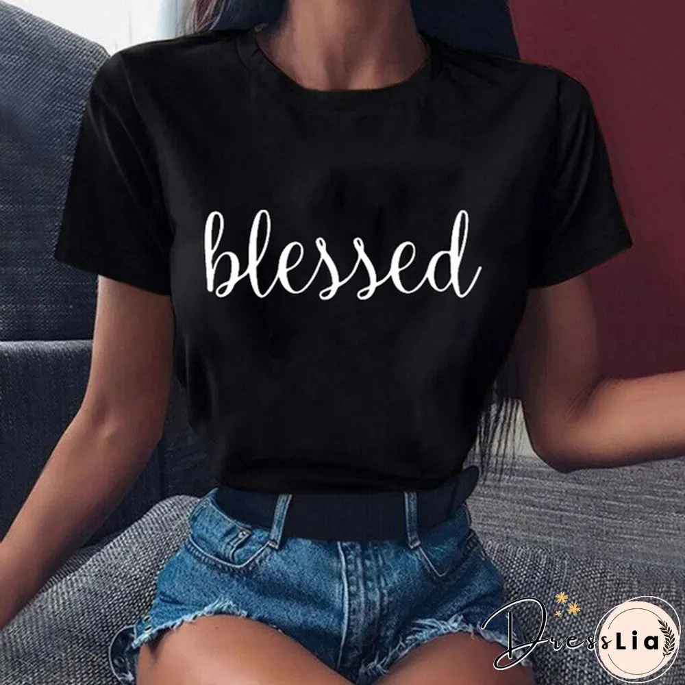 Womens Fashion T-Shirts Blessed Print Casual Loose Round-neck Creative Personalized