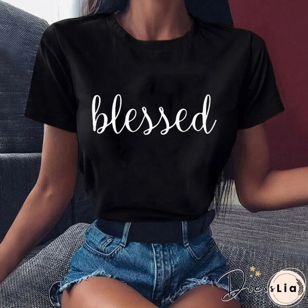 Women's Fashion Printed Blessed Print T-shirts Summer Casual Loose Round Neck Creative Personalized T-shirts