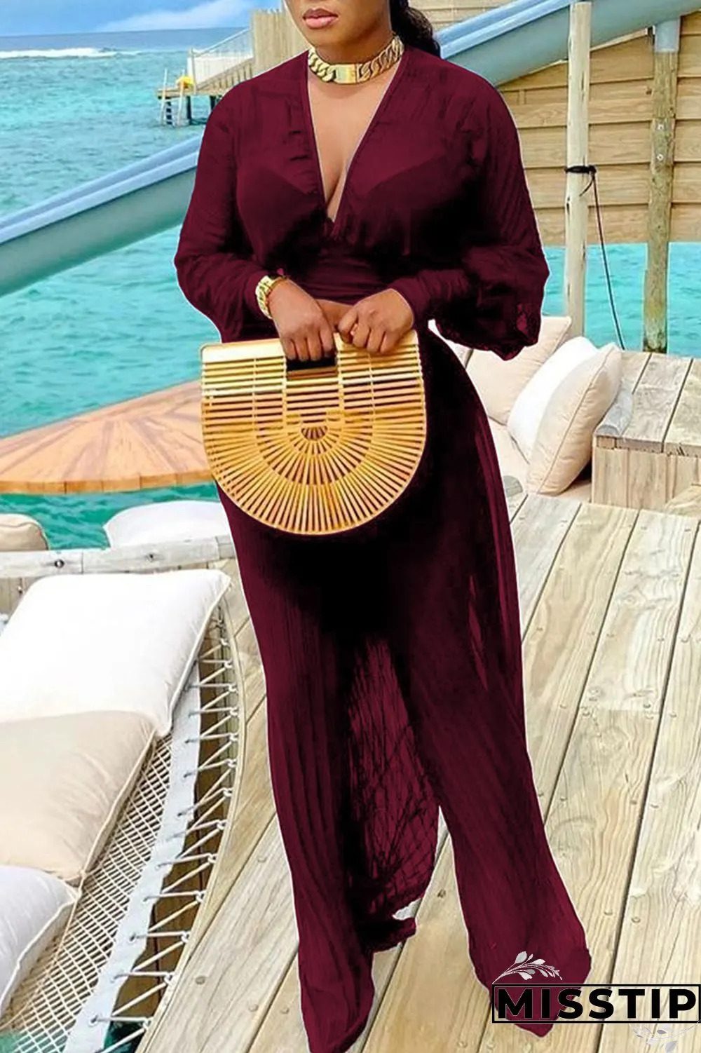 Burgundy Sexy Solid Patchwork Fold V Neck Long Sleeve Two Pieces