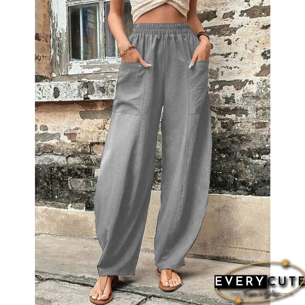 Gray Solid Elastic Waist Pocket Casual Pants