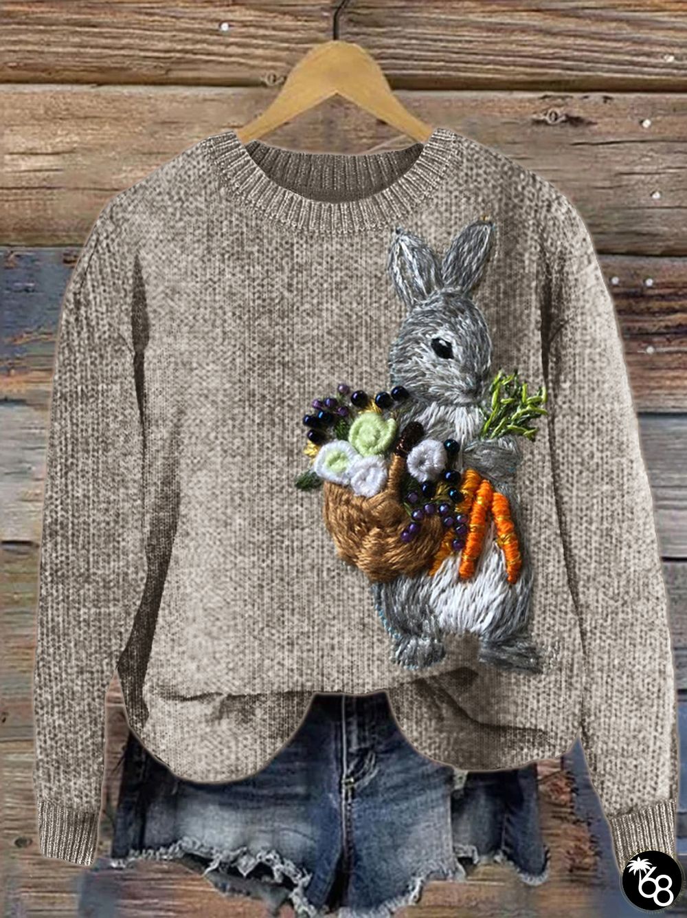 Bunny Harvest Beaded Embroidery Art Cozy Knit Sweater | 168DEAL