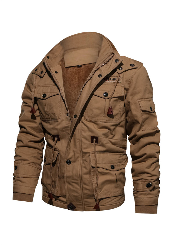 Men's Casual Solid Color Hooded Padded Thickened Jacket Large Size Cotton Medium-length Section of The Workwear Washed Jacket Men