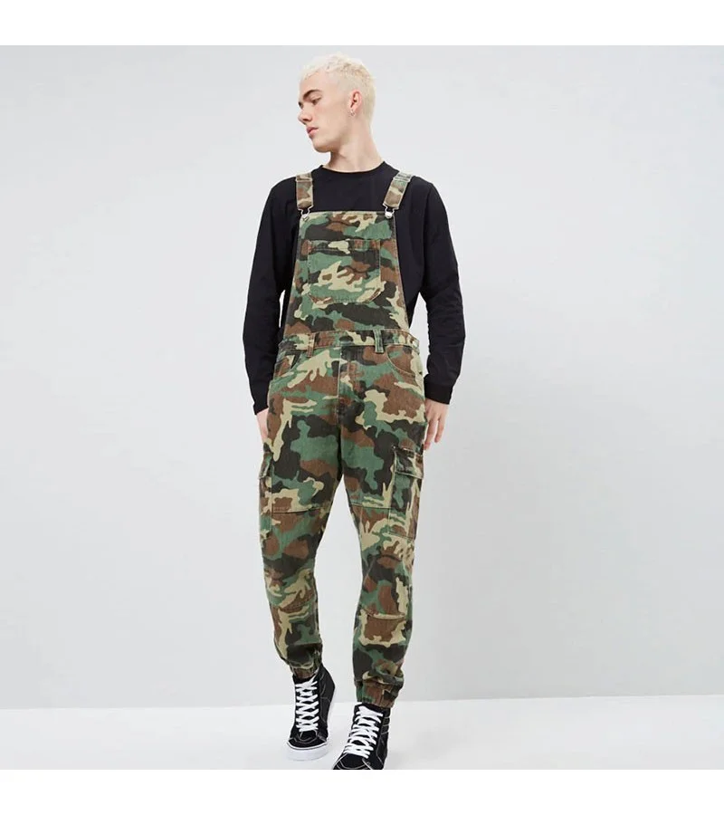 Men Camouflage Print Suspender Jogger Jeans S-3XL