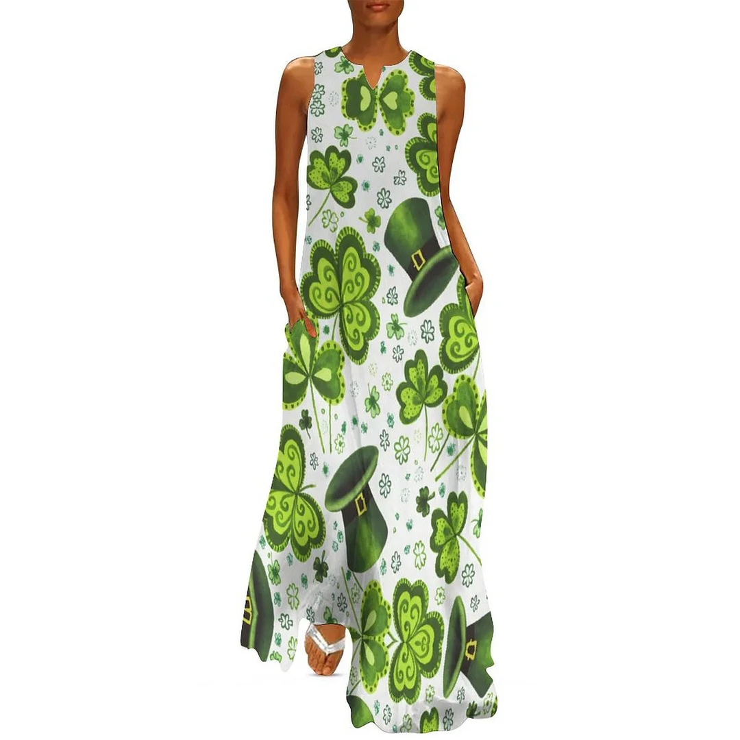 Style & Comfort for Mature Women Plus Size Printed Sleeveless Casual Women Maxi Dress with Pockets in Pattern St. Patrick's Day, Green, Clover, Lucky
