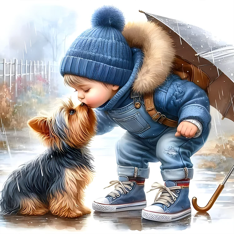 Little Boy Kissing Puppy 40*40CM (Canvas) Full Round Drill Diamond Painting gbfke