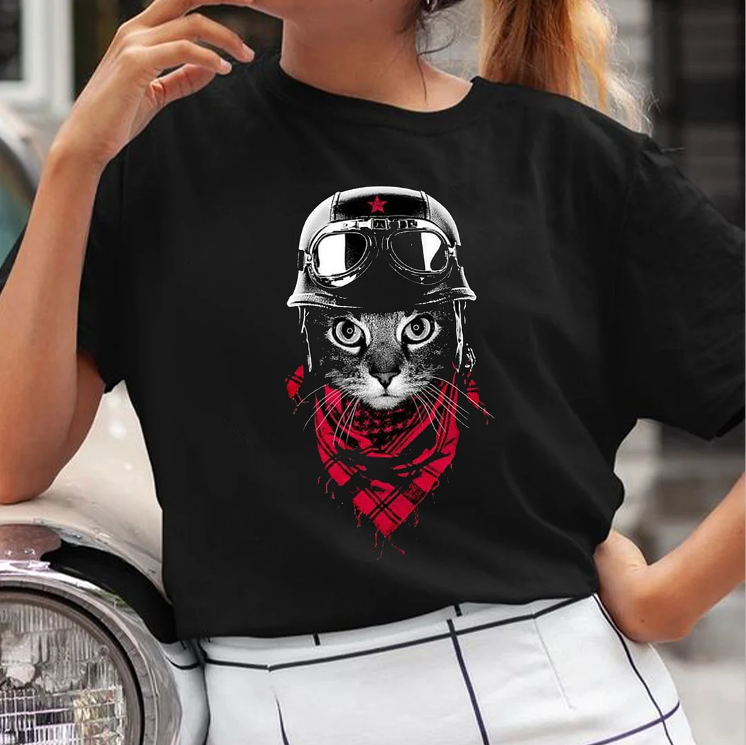 Cat Helmet & Red Scarf Black Print T-shirt