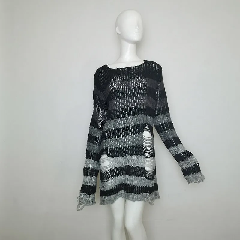 Plus Size Punk Gothic Long Unisex Sweater Dress Women Man Striped Cool Hollow Out Hole Broken Jumper Loose Rock Thin Sweter 2021