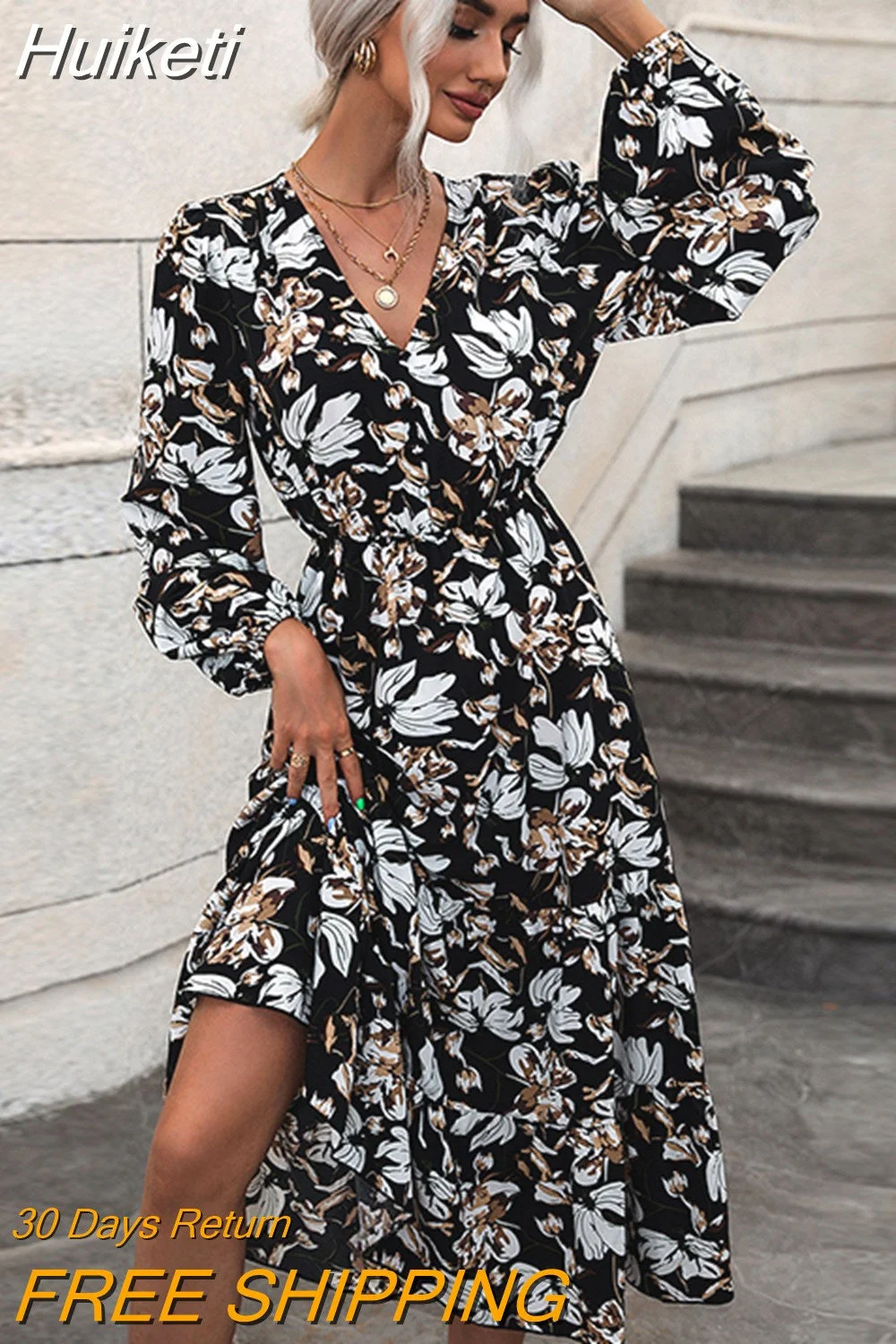 Huiketi Women Autumn Fashion V Neck Puff Sleeve High Waist Split Swing Floral Printed Long Dress For Female