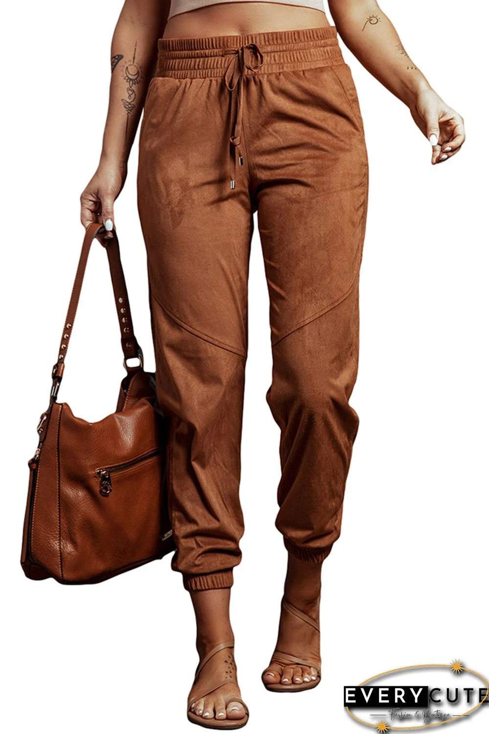 Brown High Waist Drawstring Jogger Pants