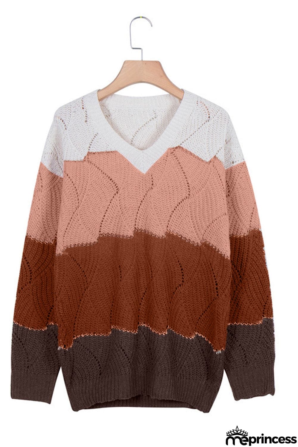 V Neck Colorblock Textured Knit Sweater