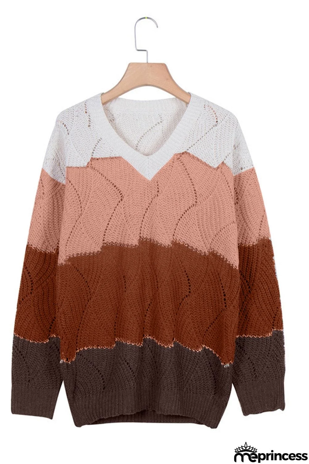 V Neck Colorblock Textured Knit Sweater