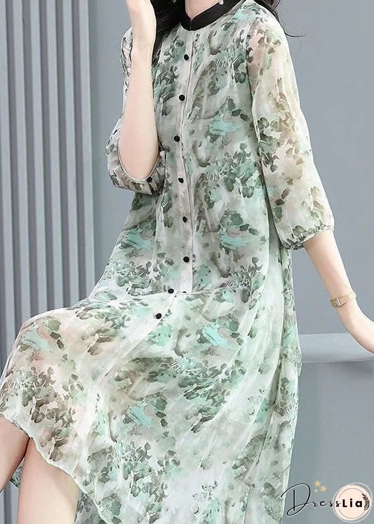 Vintage Grey Stand Collar Patchwork Print Silk Shirts Dress Spring