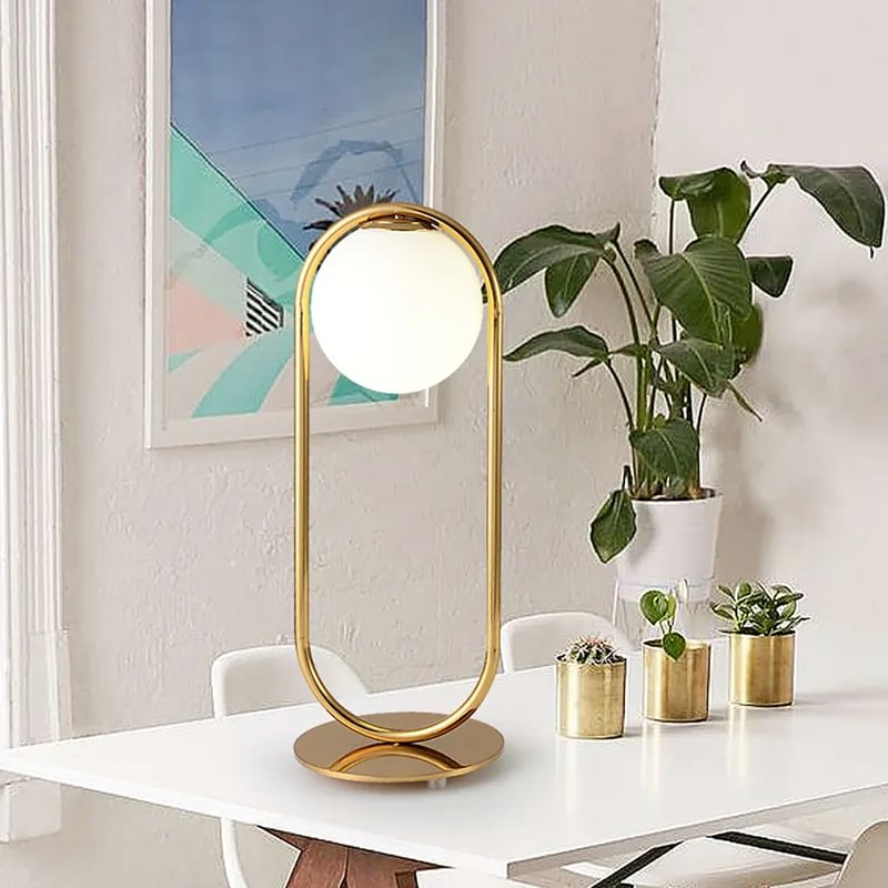 Gold Metal White Glass Globe Table Lamp LED for Bedroom