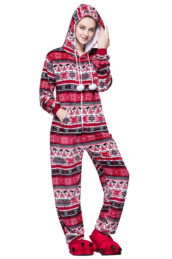 Cute Snowflake Flannel Hooded Zipper Christmas Pajama Red-elleschic