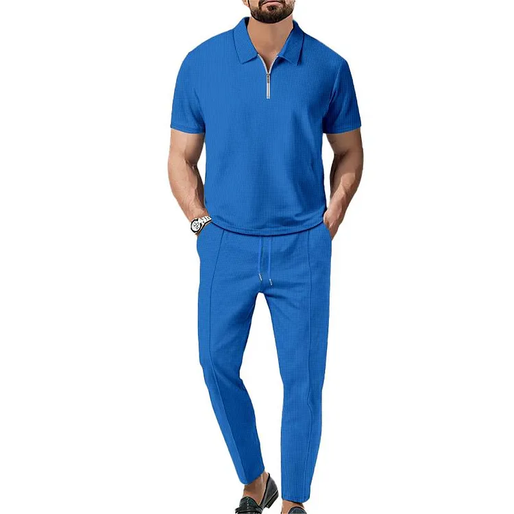 Men's Casual Solid Color Waffle Lapel Short Sleeve Pants Set 