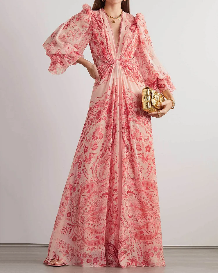 Lace-trimmed paisley-print maxi dress