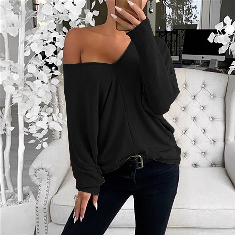 2020 Newest Hot Fashion Women`s Sexy Off Shoulder Long Sleeve T-Shirt Casual Ladies Loose Solid Daily Wear