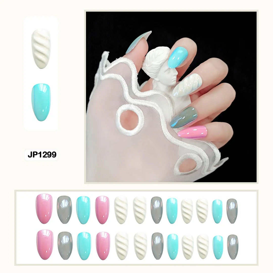 Mermaid Color Auroral Color Shell Fairy Fake Nail Art Wearable False Nails With Glue And Sticker 24pcs/box-Nail Inspo