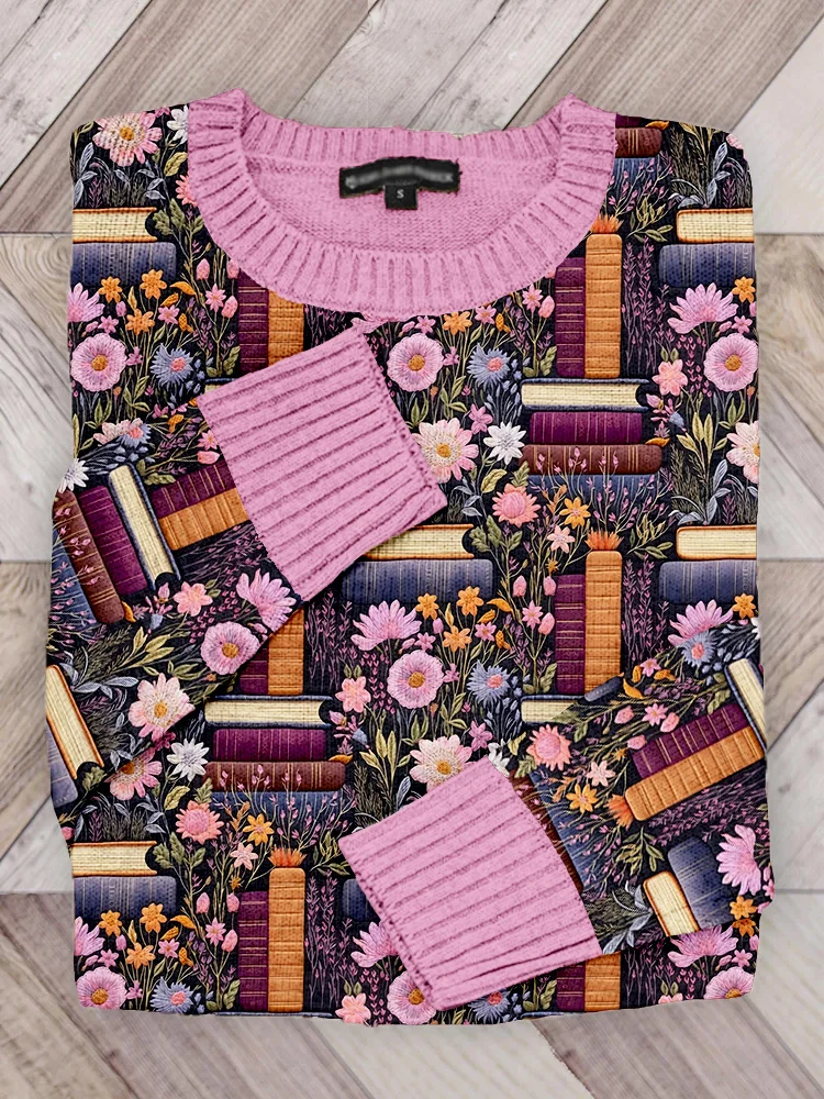 VChics Floral Bookshelf Embroidery Art Cozy Knit Sweater
