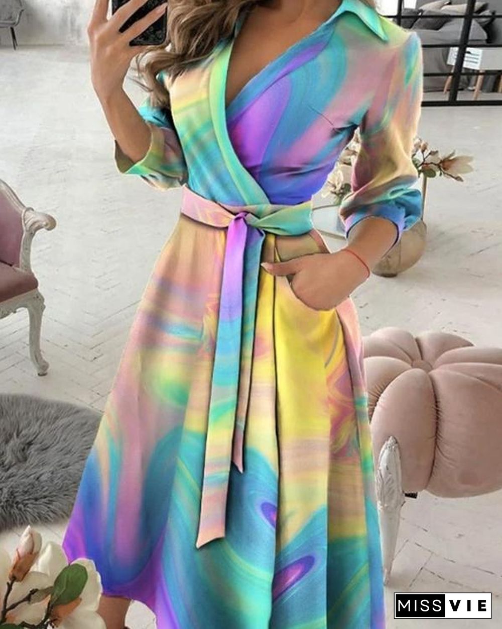 Elegant Tie Dye V Neck 3/4 Sleeve Wrap Midi Dresses