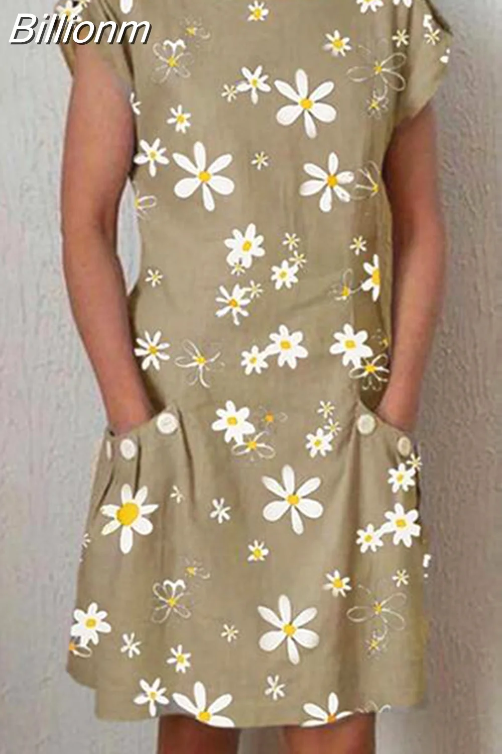 Billionm Color Button O Neck Cotton Linen Summer Dress Women Vintage Short Sleeve Pocket Knee Dress Casual Loose Plus Size Dresses