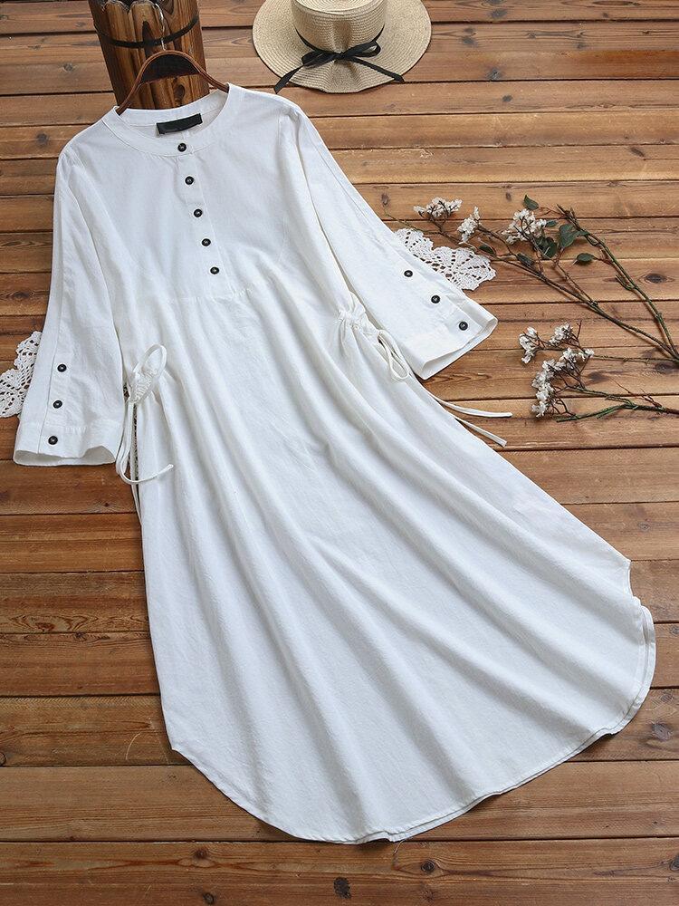 Women Scoop Neck Solid Color Long Sleever Dress