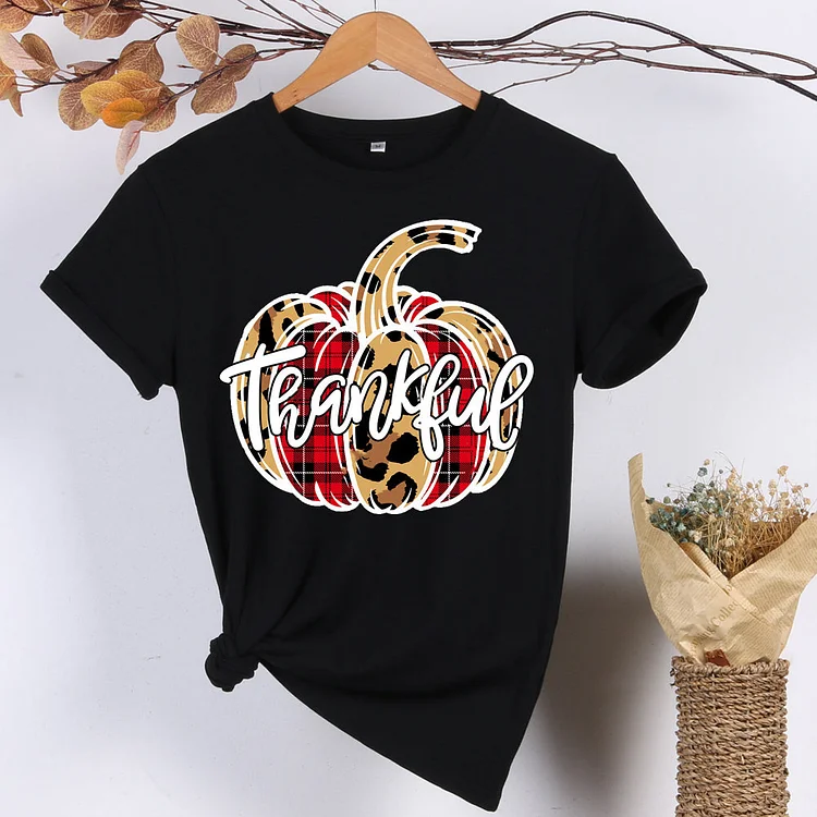 Thankful Leopard Pumpkin Bufallo Plaid Thanksgiving T-Shirt-08668