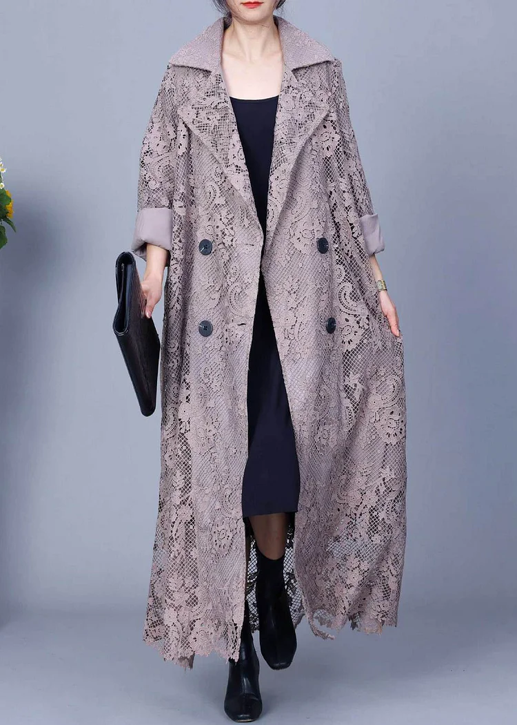Loose Grey Notched Double Breast Lace Trench Coat Fall